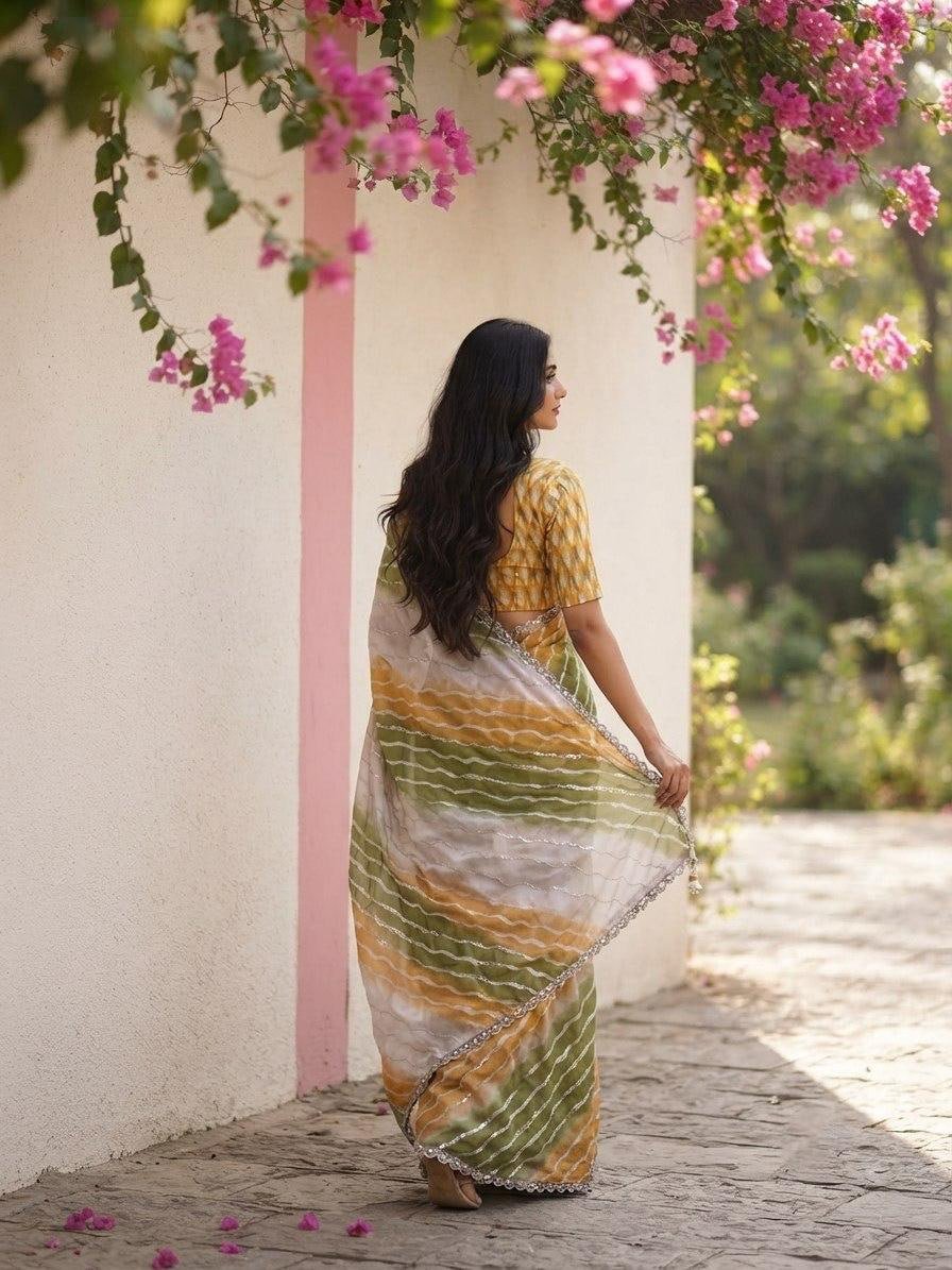 Contemporary Statement Handcrafted Wave Pattern Saree with Delicate Scalloped Border