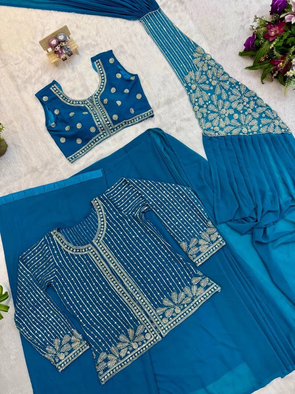 Sequined Heavy Work Jacket With Pre Stitched Draped Saree Set