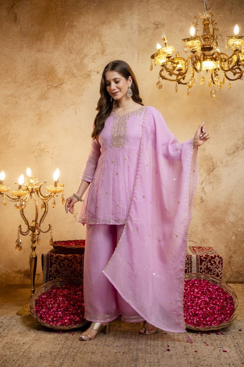 Embroidered Chanderi Kurta Set with Gota Patti Dupatta
