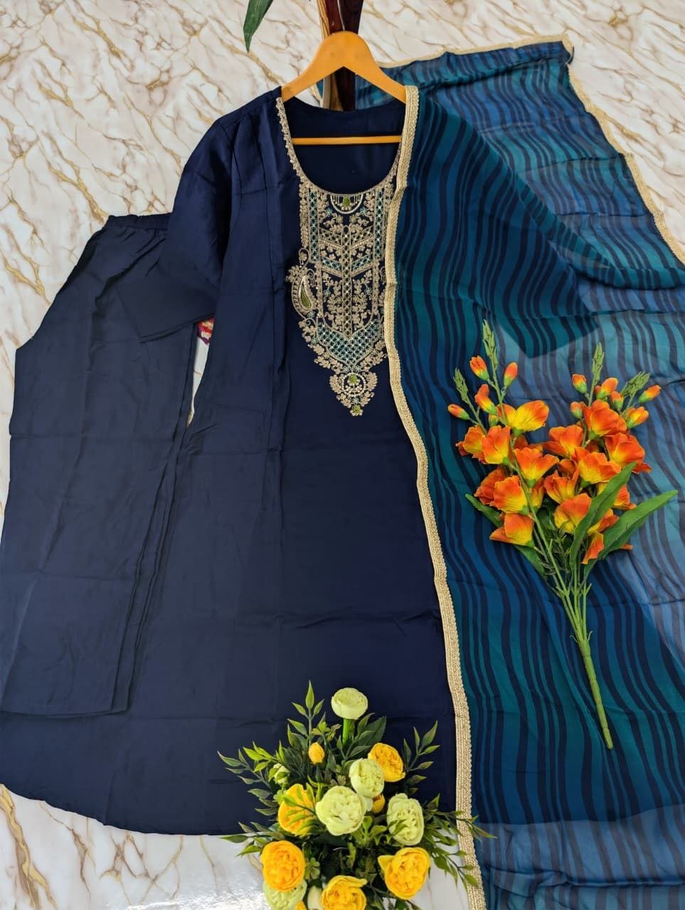 Festive Embroidered Anarkali Suit with Striped Dupatta