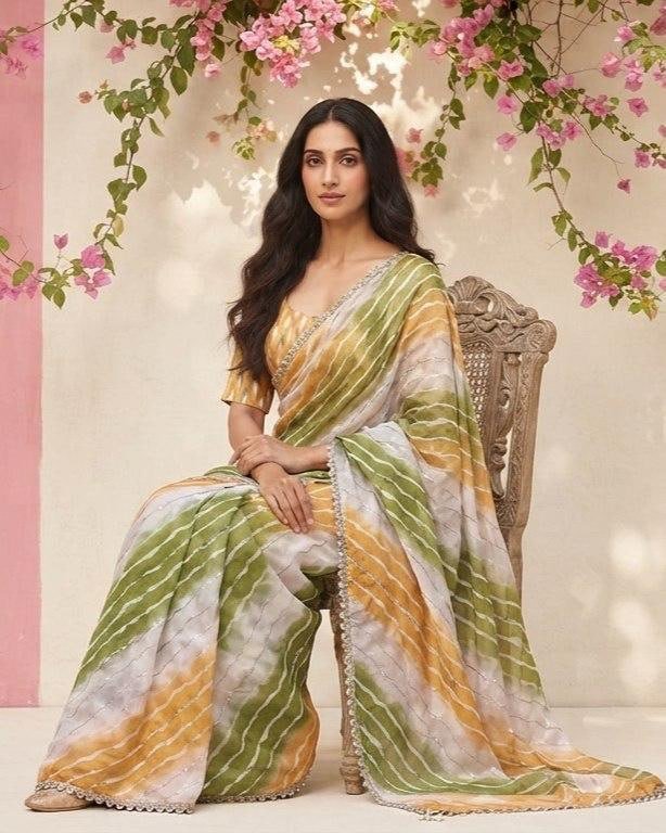 Contemporary Statement Handcrafted Wave Pattern Saree with Delicate Scalloped Border