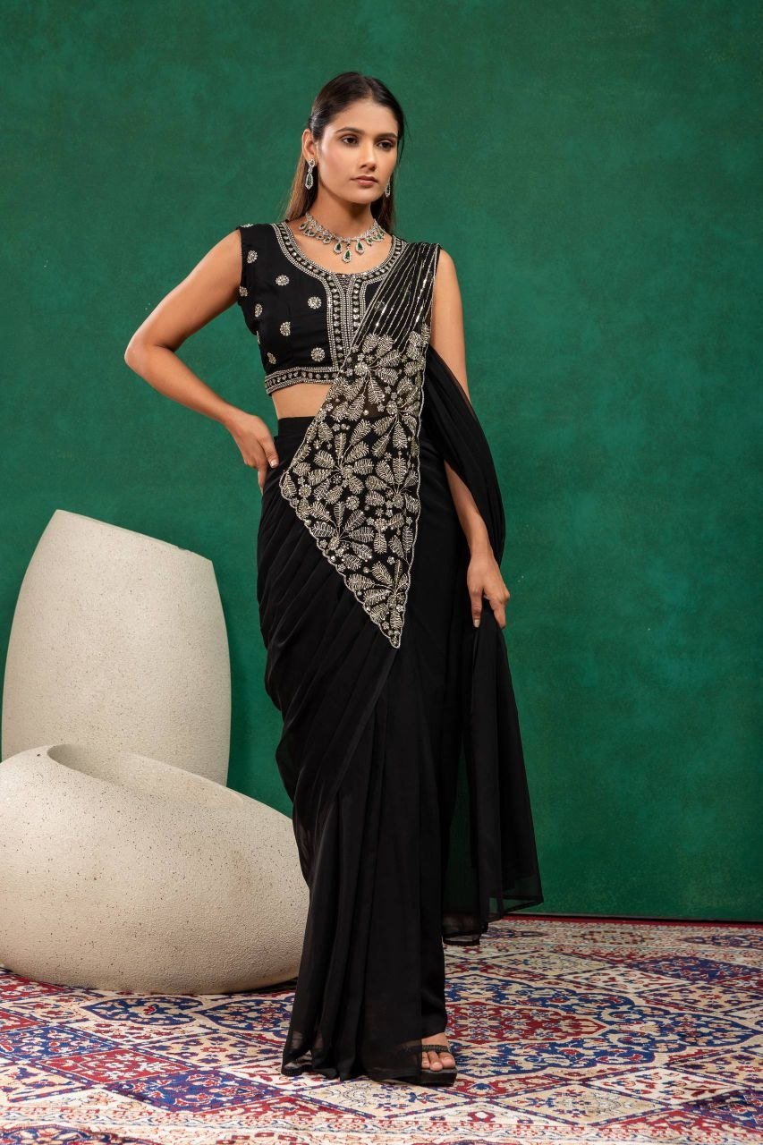 Sequined Heavy Work Jacket With Pre Stitched Draped Saree Set