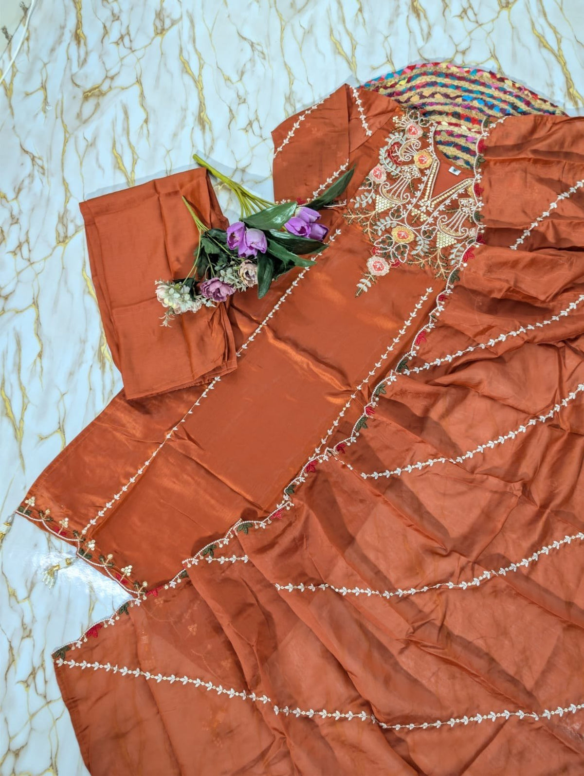 Subtle Grace Embroidered Straight Kurta Set with Tasseled Hem Dupatta