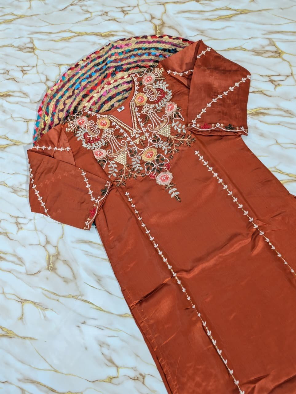 Subtle Grace Embroidered Straight Kurta Set with Tasseled Hem Dupatta