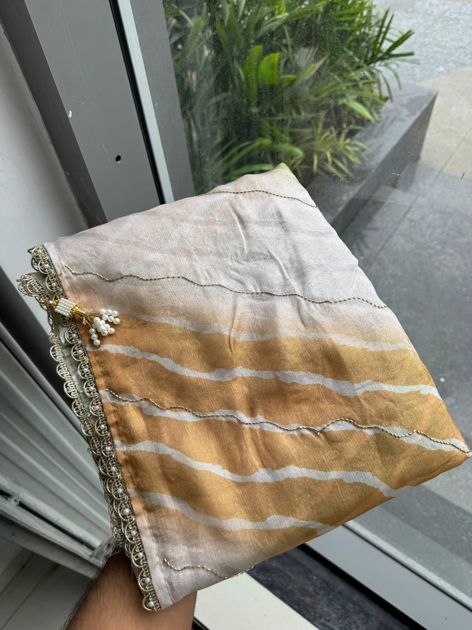 Contemporary Statement Handcrafted Wave Pattern Saree with Delicate Scalloped Border