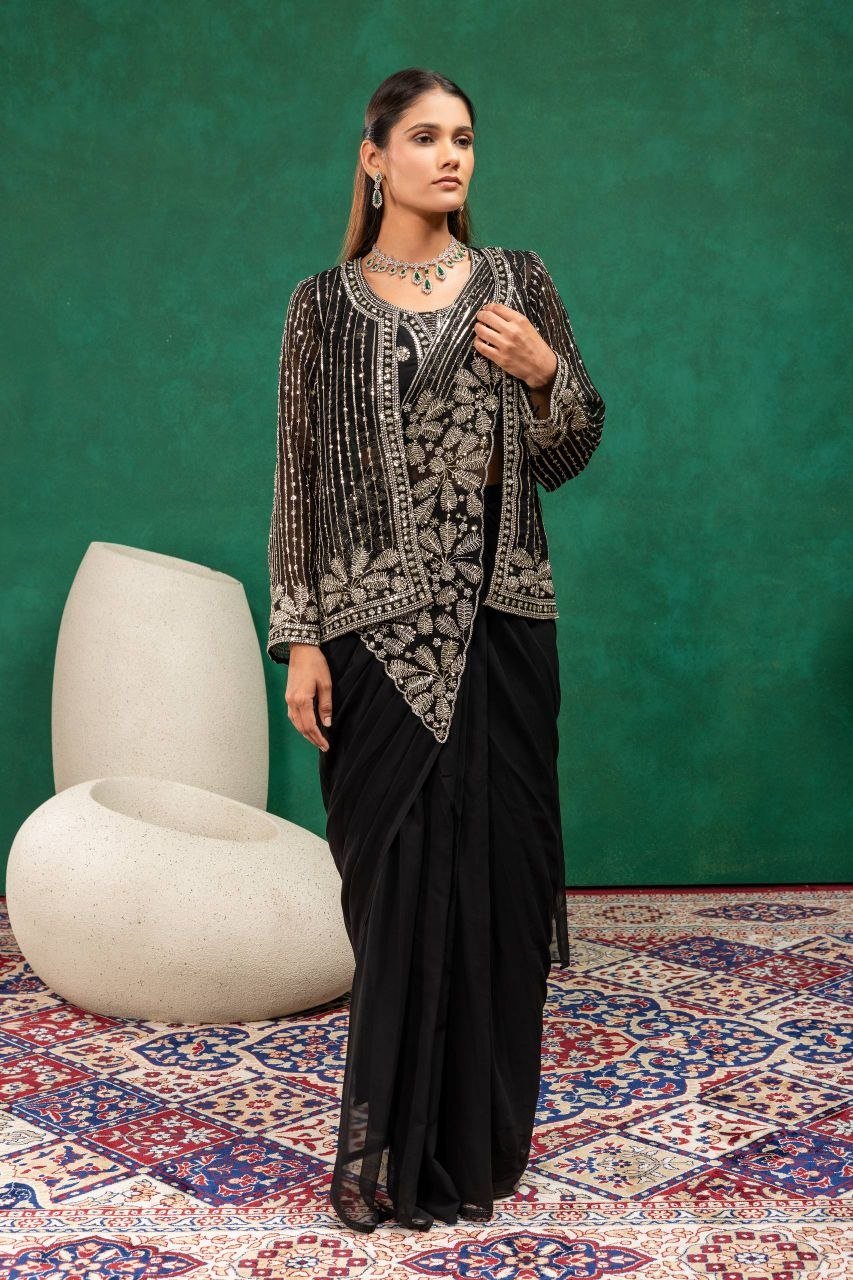Sequined Heavy Work Jacket With Pre Stitched Draped Saree Set
