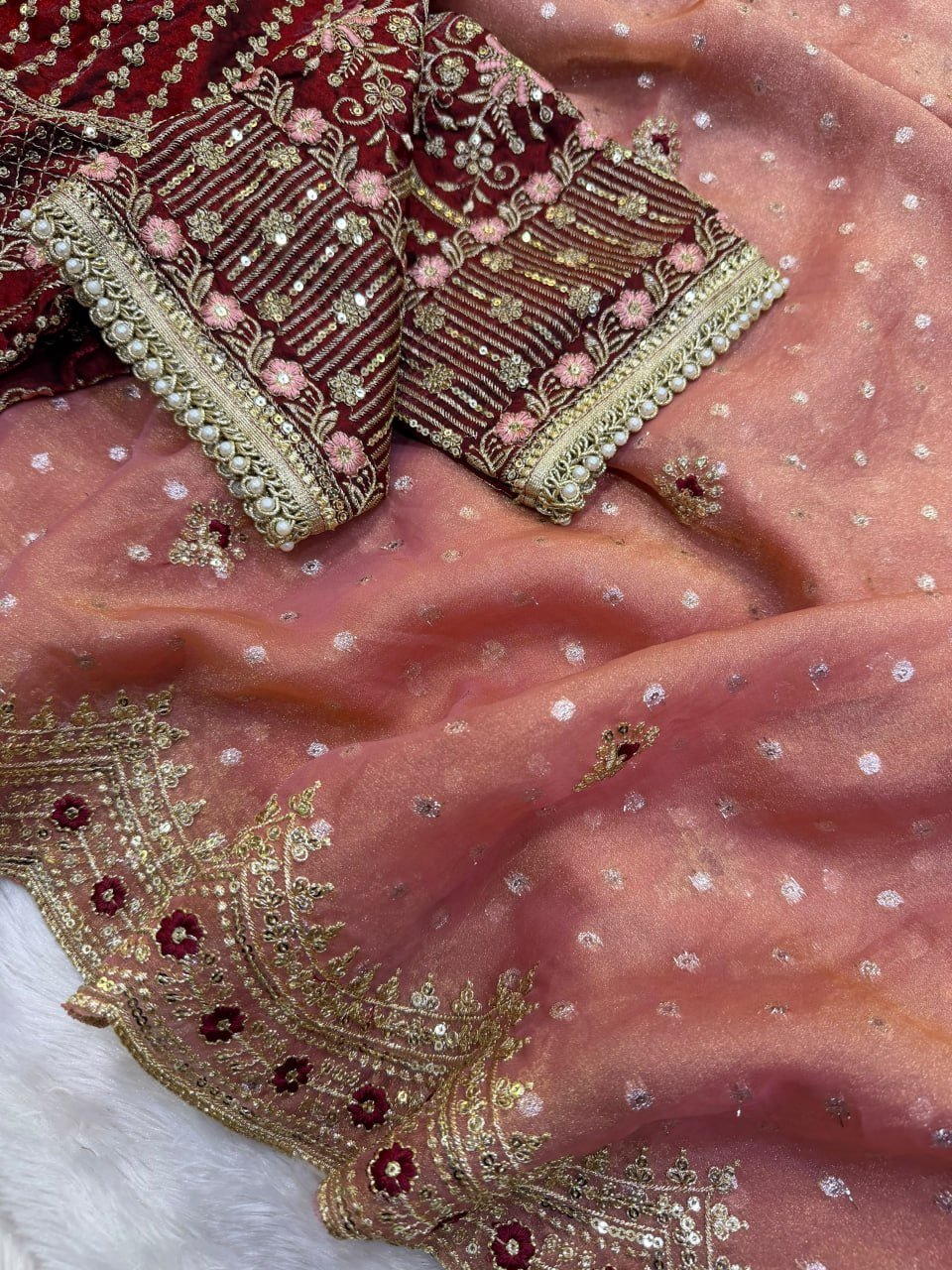 Dotted Drapes with Scalloped Zari Border and Statement Blouse