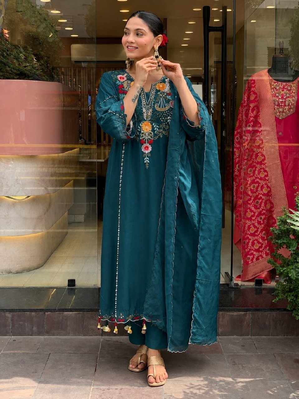 Subtle Grace Embroidered Straight Kurta Set with Tasseled Hem Dupatta