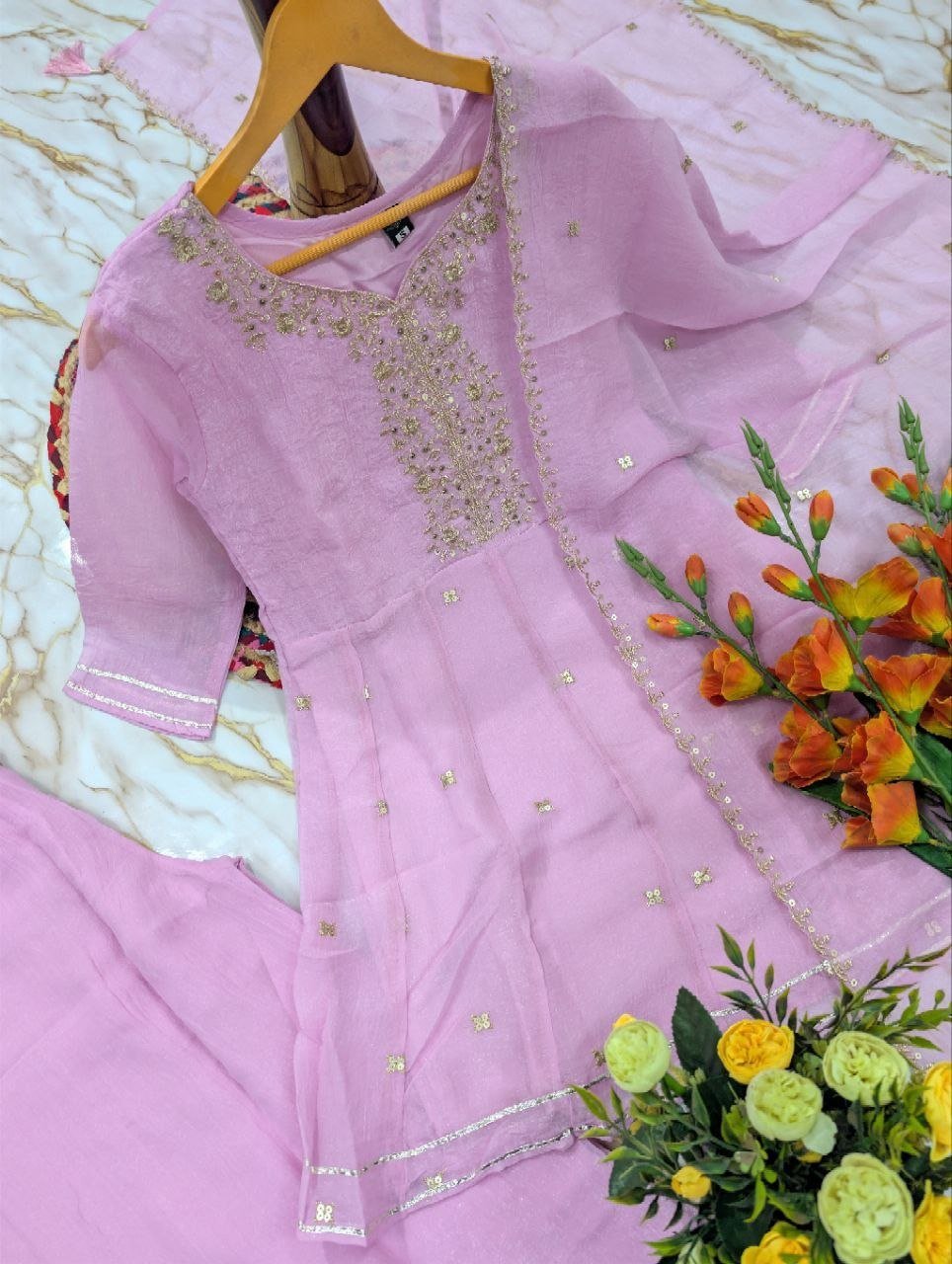 Embroidered Chanderi Kurta Set with Gota Patti Dupatta