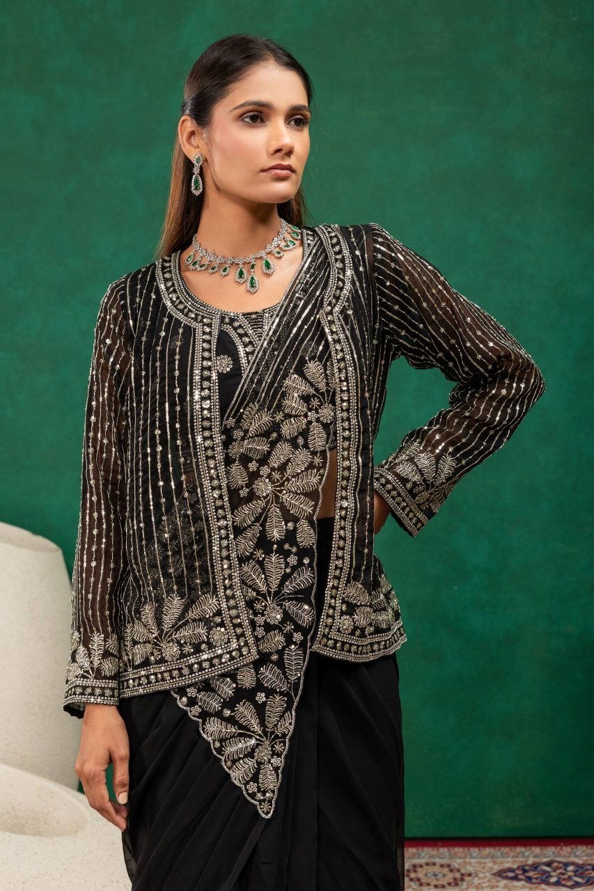 Sequined Heavy Work Jacket With Pre Stitched Draped Saree Set