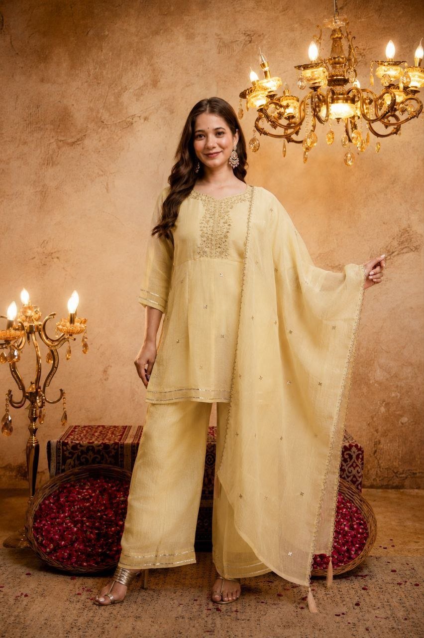 Embroidered Chanderi Kurta Set with Gota Patti Dupatta