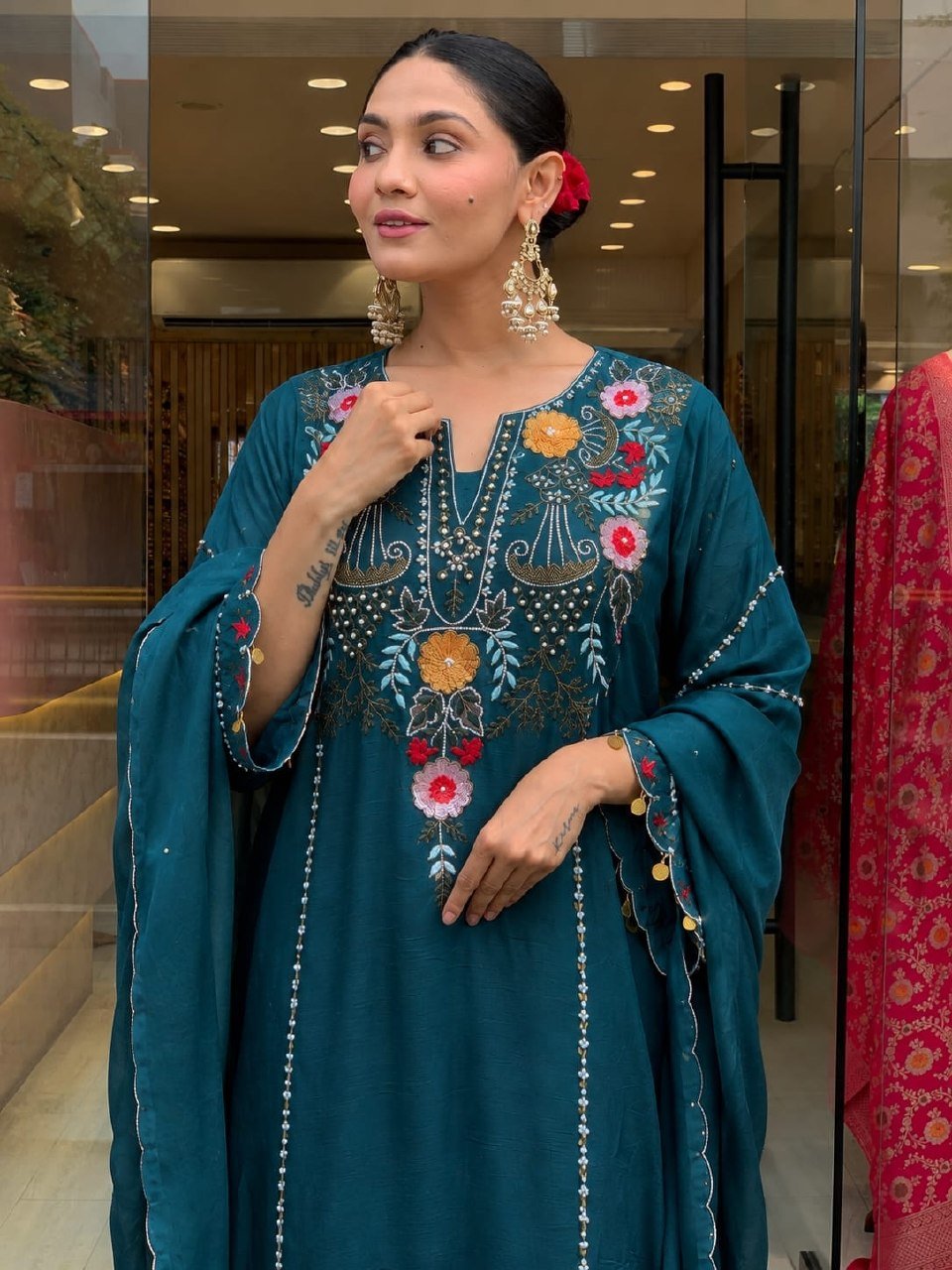 Subtle Grace Embroidered Straight Kurta Set with Tasseled Hem Dupatta