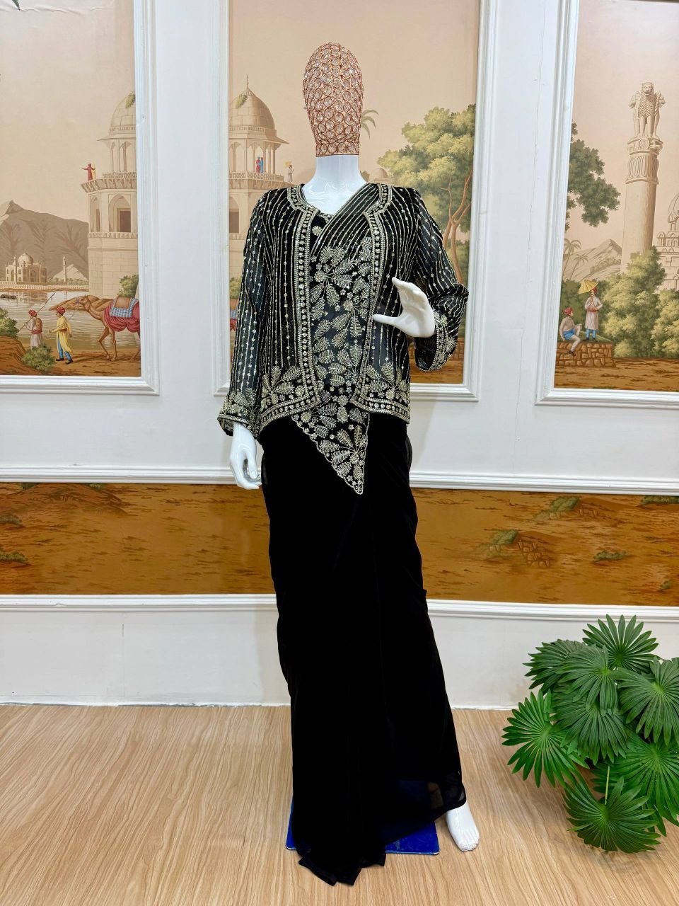 Sequined Heavy Work Jacket With Pre Stitched Draped Saree Set