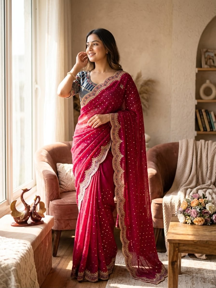 Dotted Drapes with Scalloped Zari Border and Statement Blouse