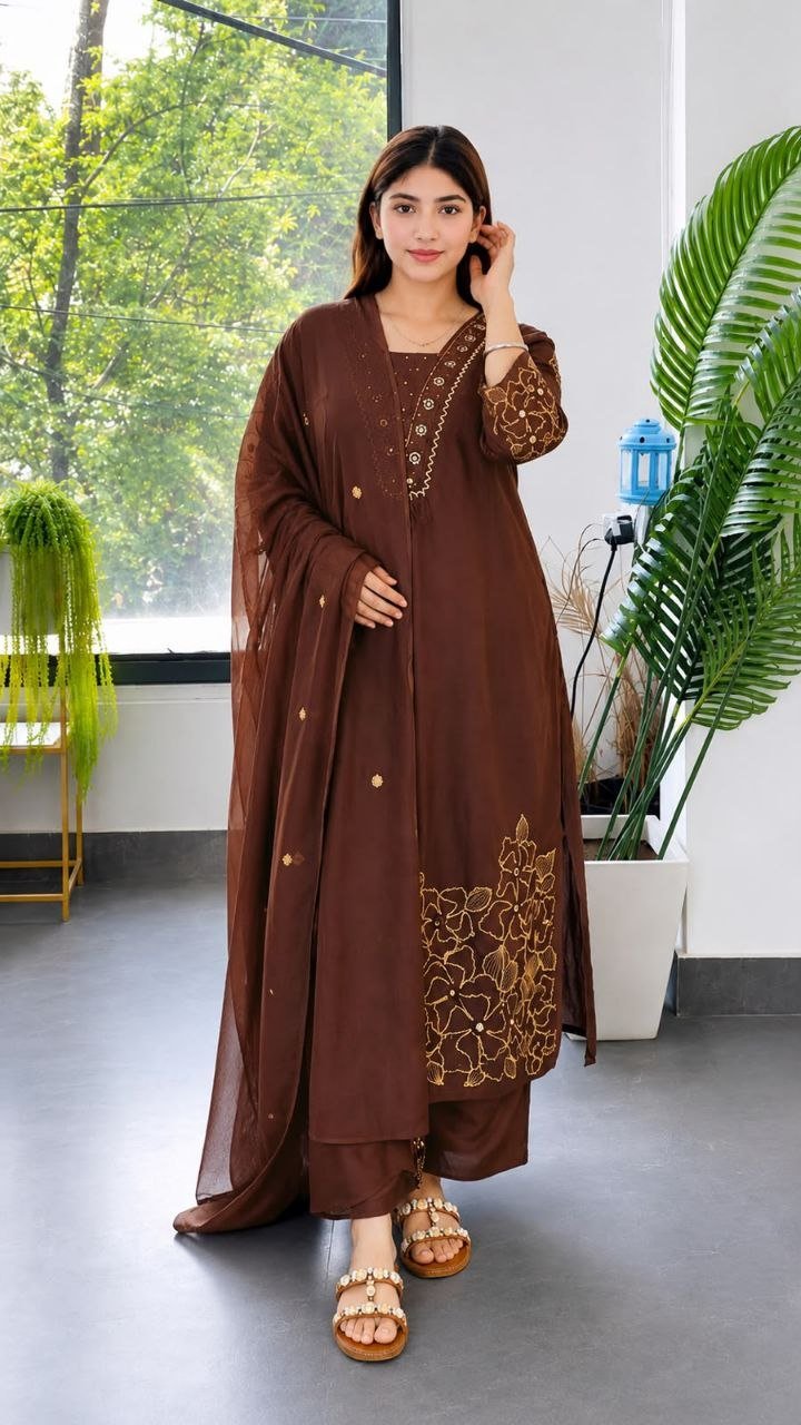 Artisanal Embroidered Straight Kurta Set with Sheer Dupatta - Surat Wholesale Ethnic Wear (Photo 1)