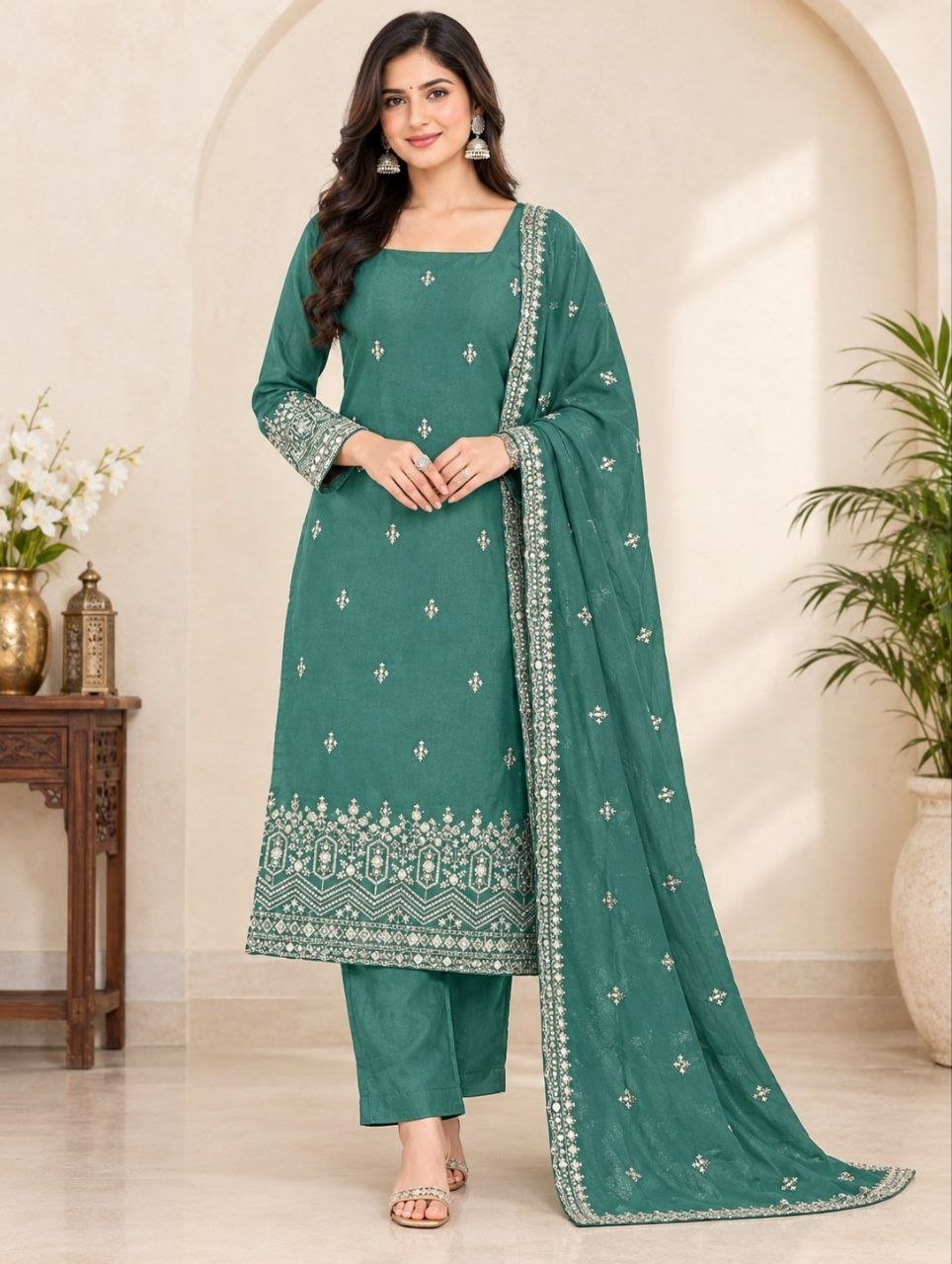 Embroidered Straight Fit Kurta Set With Matching Dupatta - Surat Wholesale Ethnic Wear (Photo 1)