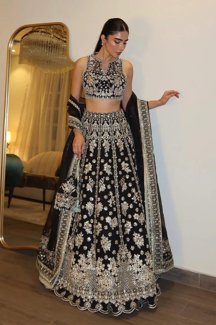 Heavily Embellished Sequined Crop Top Lehenga Choli Set