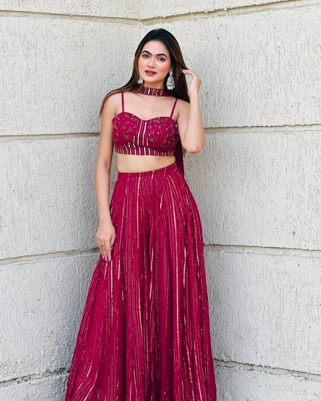Embellished Crop Top with Foil Printed Flared Palazzo Pants - Surat Wholesale Ethnic Wear (Photo 1)