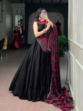 Embellished Neckline Silk Flared Lehenga Set with Floral Printed Dupatta