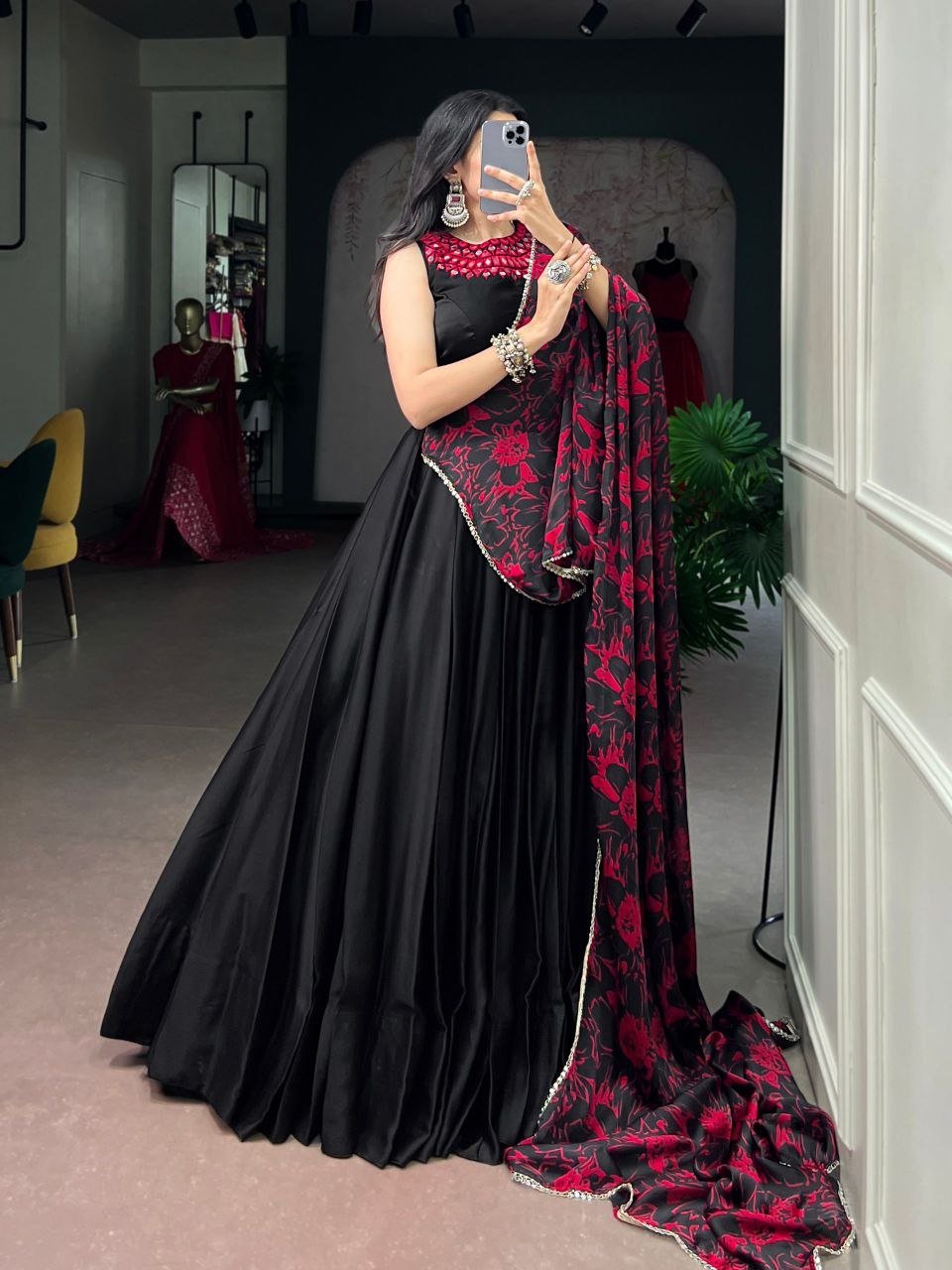 Embellished Neckline Silk Flared Lehenga Set with Floral Printed Dupatta