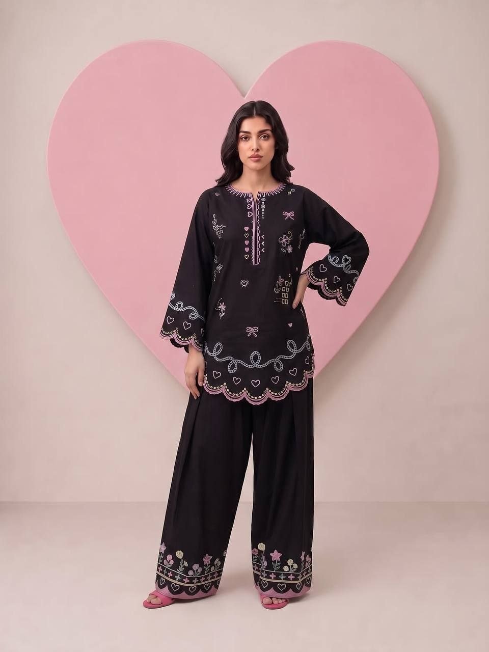 Playful Embroidered Short Kurta and Scalloped Palazzo Set