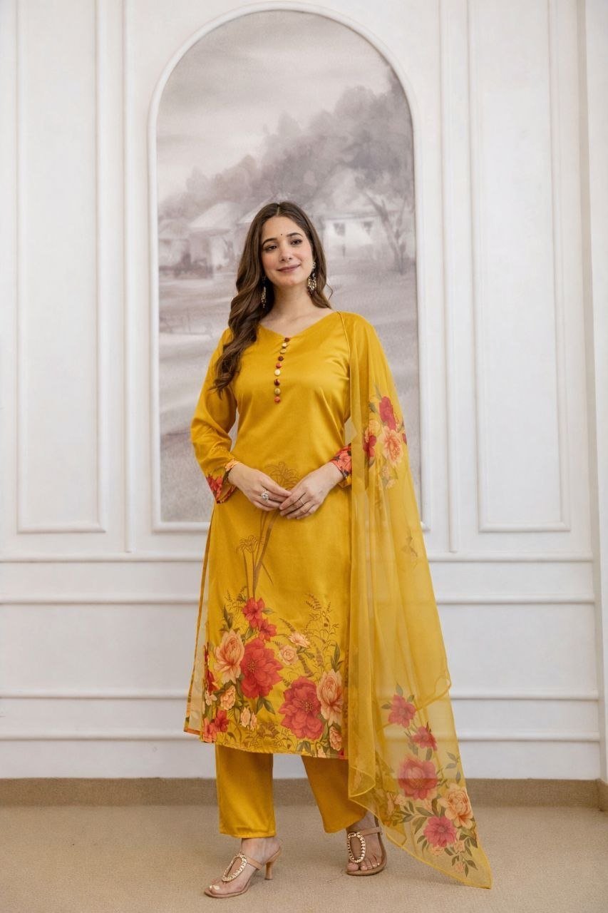 Garden Floral Romance Printed Kurta Set with Ethereal Dupatta