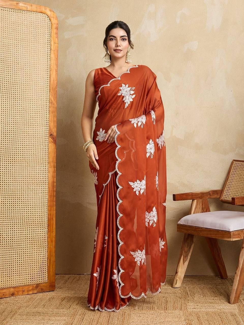 Garden Floral Romance Embroidered Saree with Scalloped Border