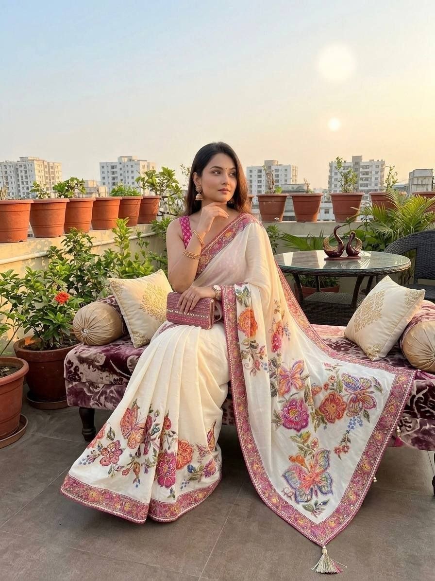 Embrace Garden Floral Romance in Intricately Embroidered Organza Saree