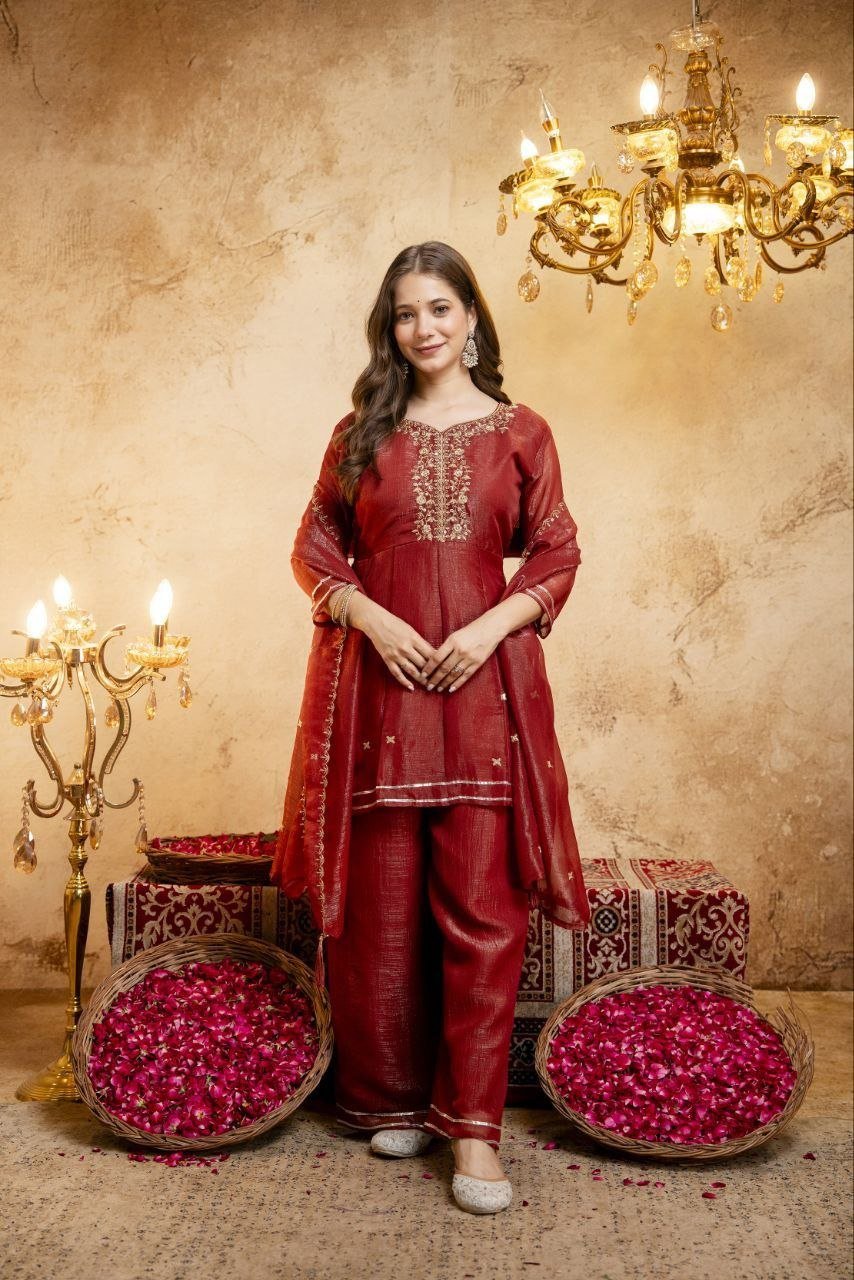 Embroidered Chanderi Kurta Set with Gota Patti Dupatta