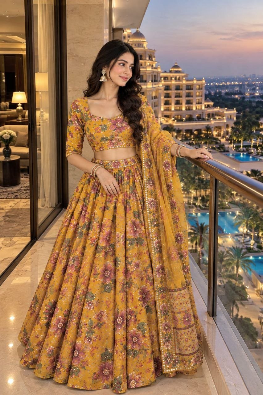 Floral Print Georgette Lehenga Set with Mirror Work Dupatta - Surat Wholesale Ethnic Wear (Photo 1)