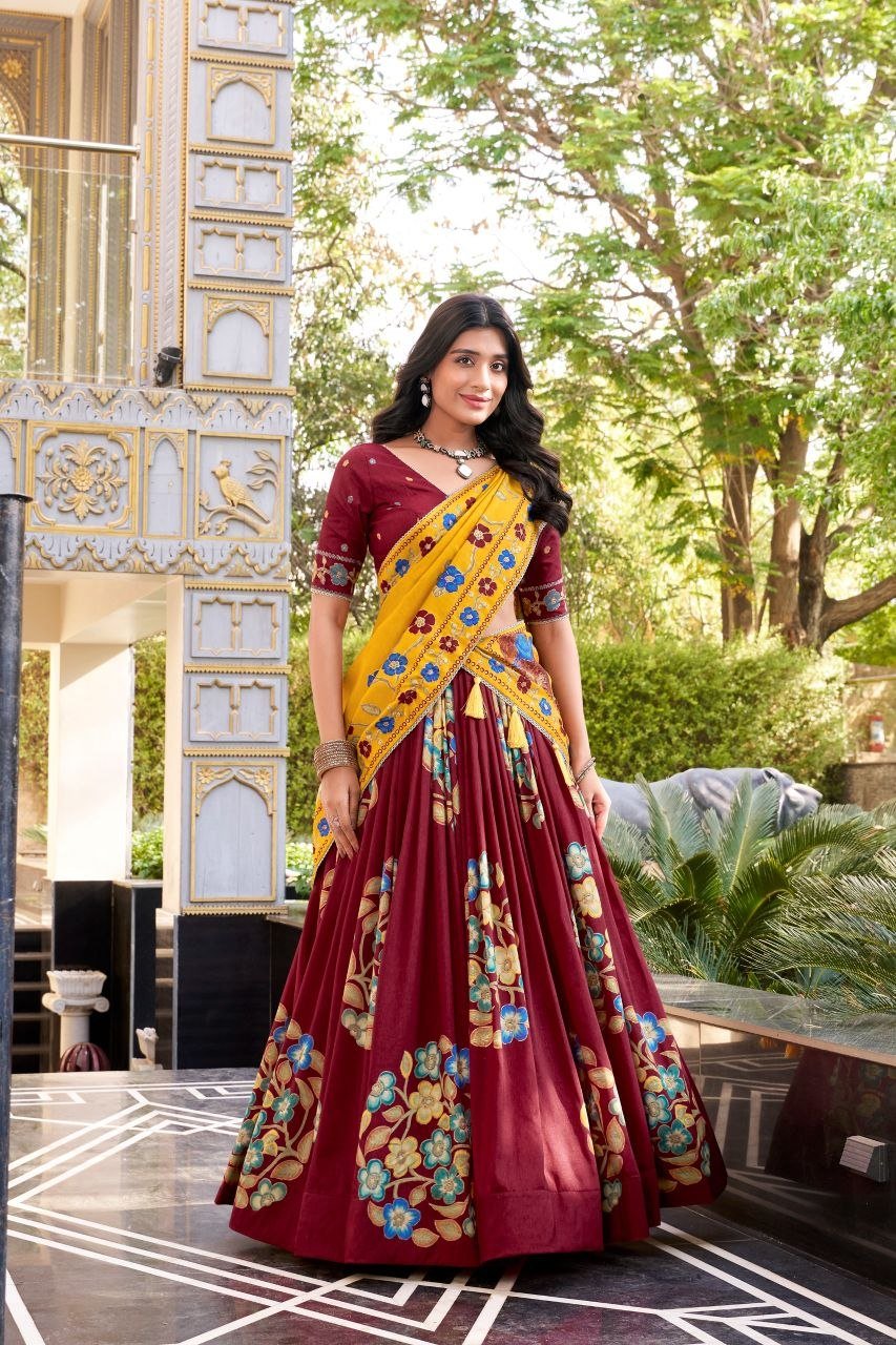 Hand Printed Kalamkari Silk Lehenga Set with Printed Dupatta