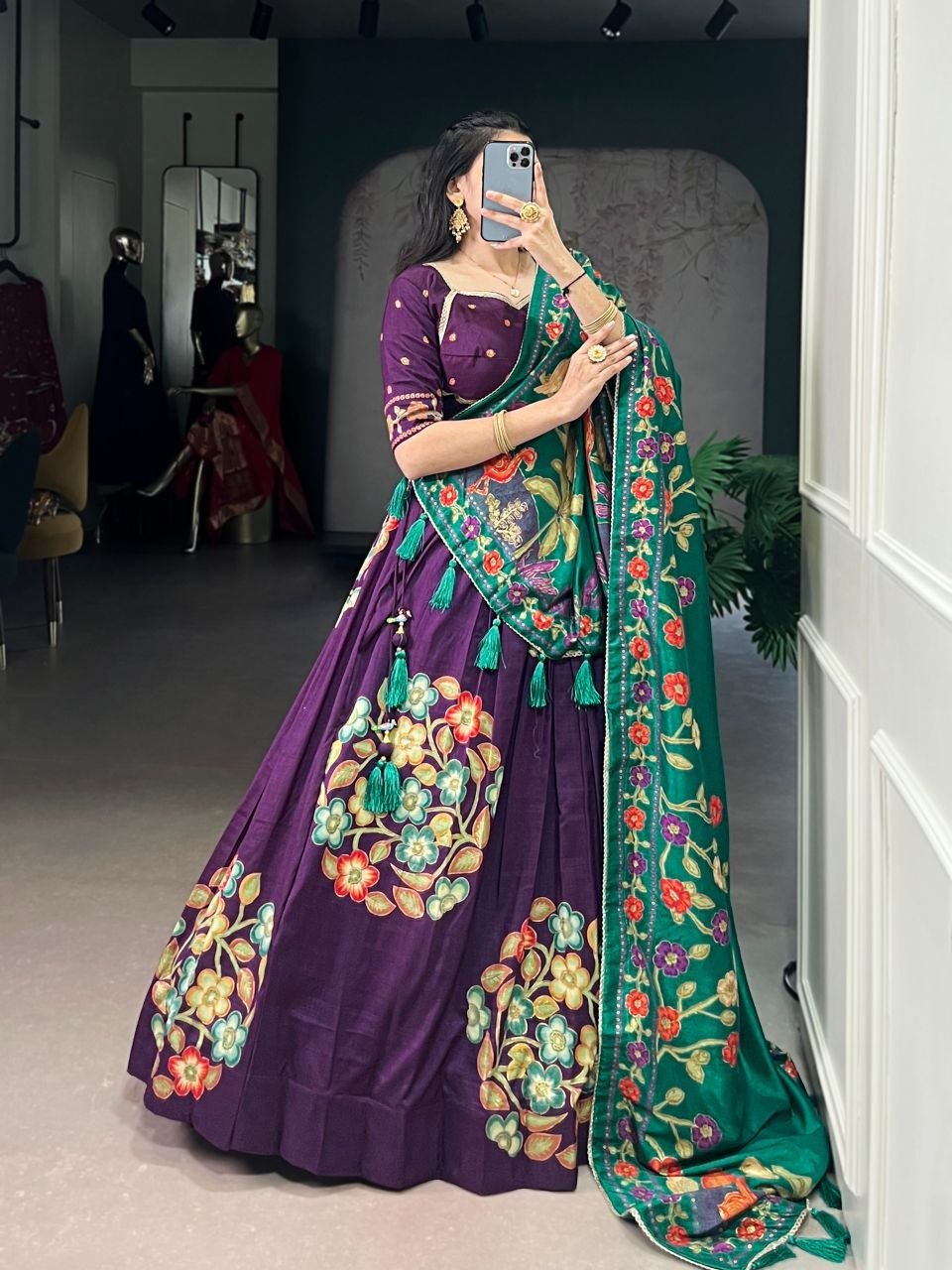 Silk Patola Print Lehenga Choli Set with Festive Tassels