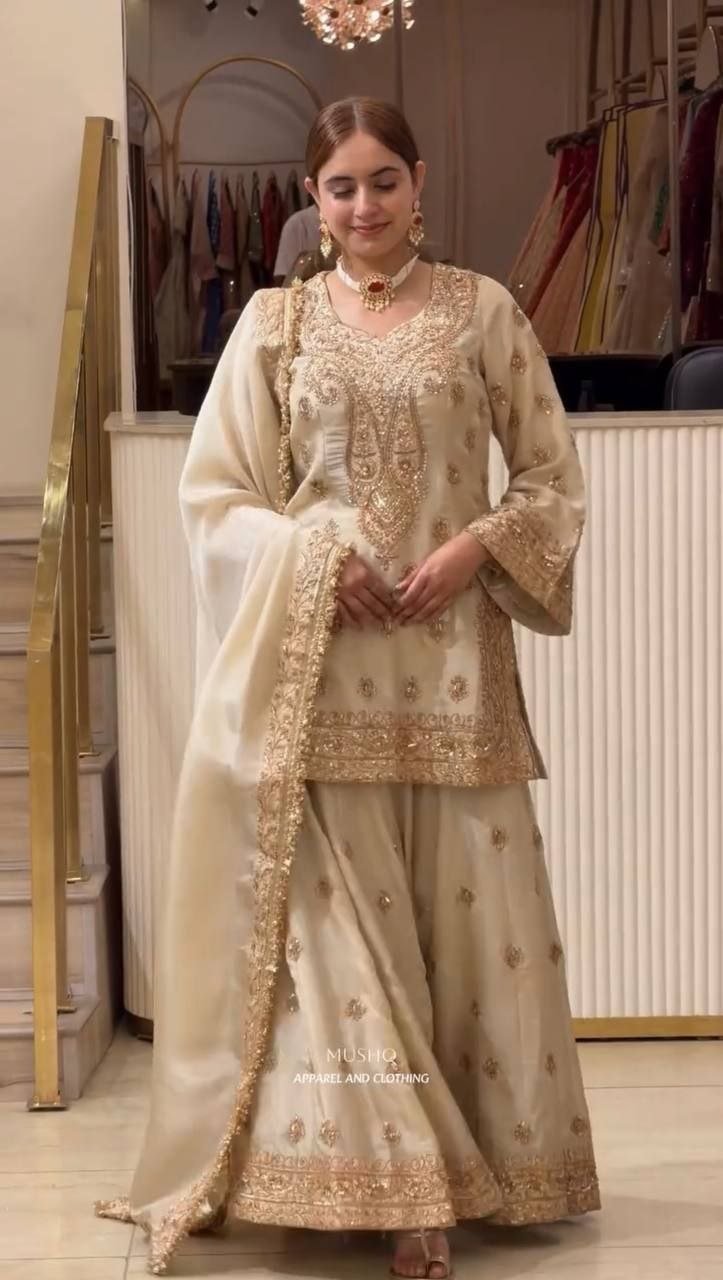 Opulent Luxury Heavy Zardozi Embroidered Kurta and Sharara Set with Dupatta