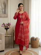 Embroidered Neckline Straight Kurta Set With Organza Dupatta