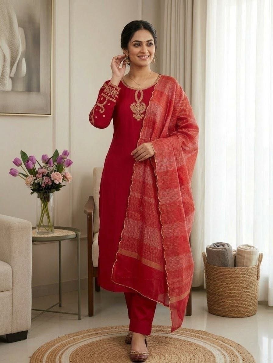 Embroidered Neckline Straight Kurta Set With Organza Dupatta