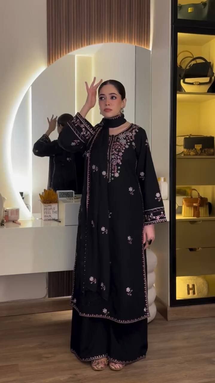 Midnight Radiance Embroidered Straight Kurta with Palazzo and Dupatta