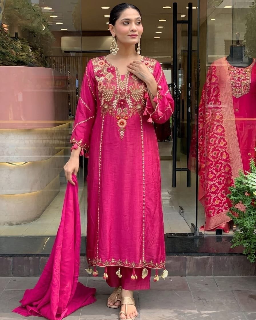 Subtle Grace Embroidered Straight Kurta Set with Tasseled Hem Dupatta