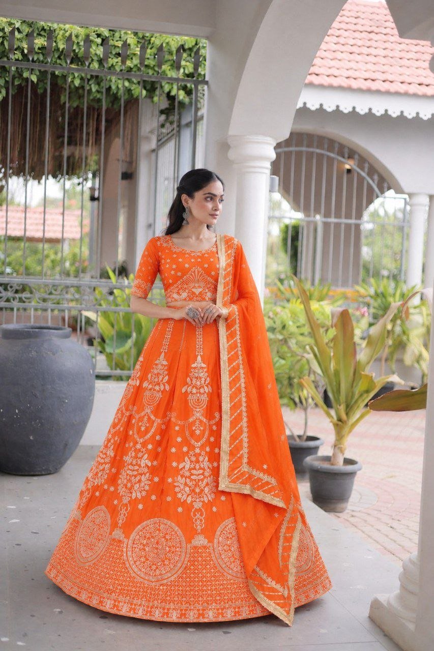 Traditional Thread Embroidered Silk Lehenga Set with Ornate Border