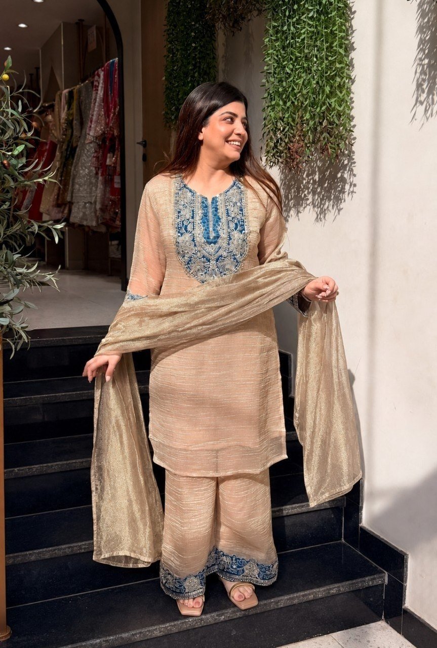 Subtle Grace Embroidered Yoke Tissue Tissue Silk Kurta Set - Surat Wholesale Ethnic Wear (Photo 1)