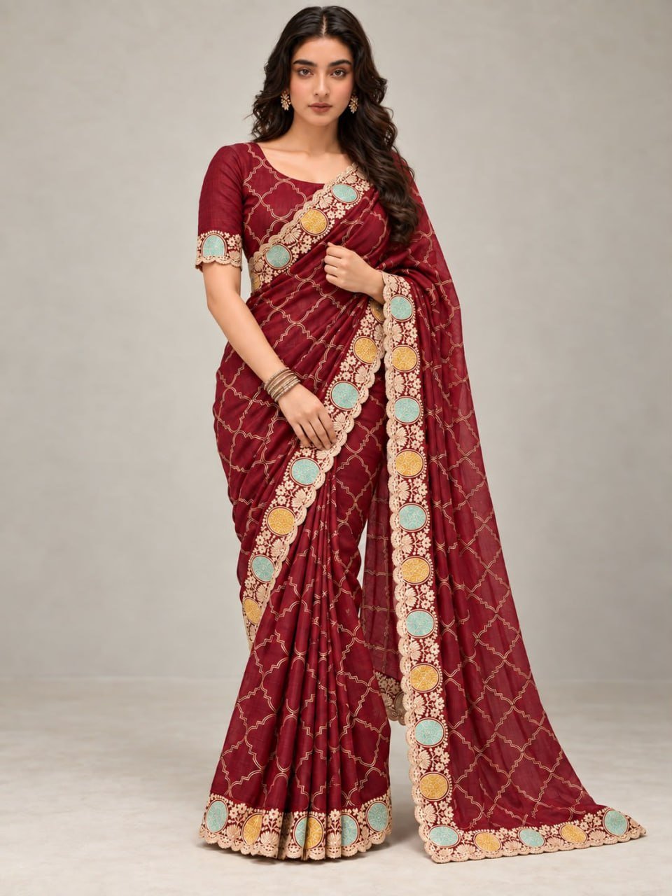 Royal Heritage Geometric Embroidered Saree with Multicolour Zari Border and Intricate Designer Blouse