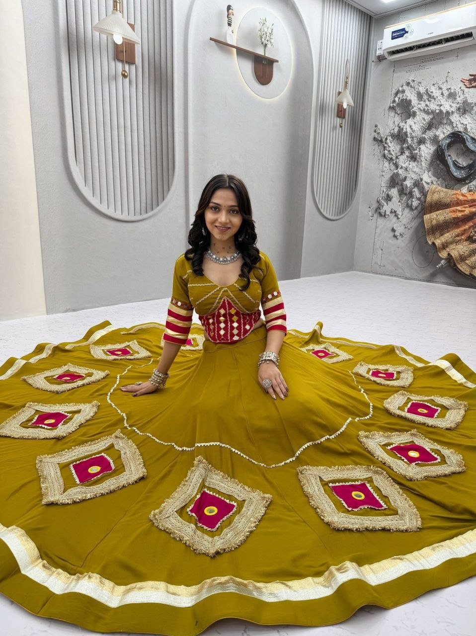 Mirror Work Patchwork Flare Flared Lehenga Choli with Embroidered Blouse