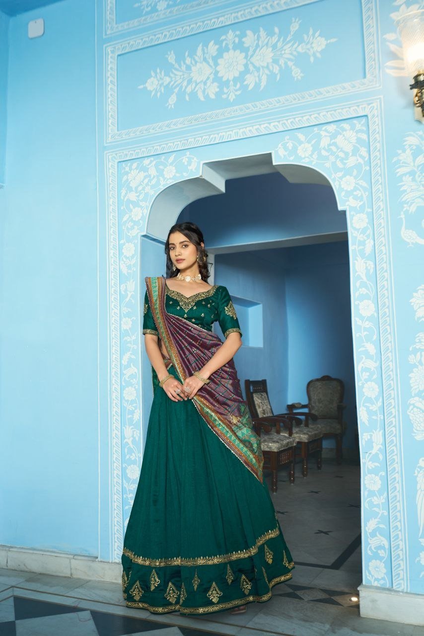 Embroidered Flared Silk Lehenga Set with Printed Dupatta - Surat Wholesale Ethnic Wear (Photo 1)