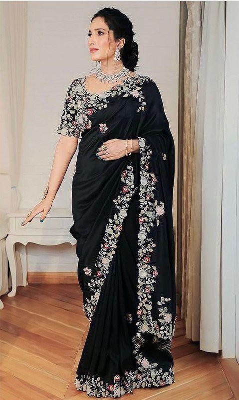 Midnight Radiance Handcrafted Floral Embroidered Saree for Grand Evenings - Surat Wholesale Ethnic Wear (Photo 1)
