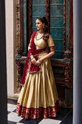 Traditional Zari Woven Silk Half Saree Set with Scalloped Embroidered Dupatta