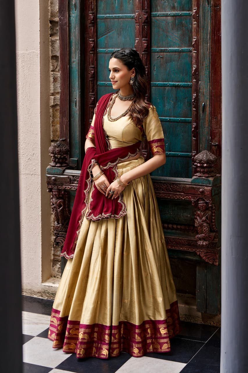 Traditional Zari Woven Silk Half Saree Set with Scalloped Embroidered Dupatta
