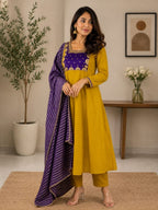 Embroidered Peacock Motif Anarkali Suit with Mirror Work Dupatta