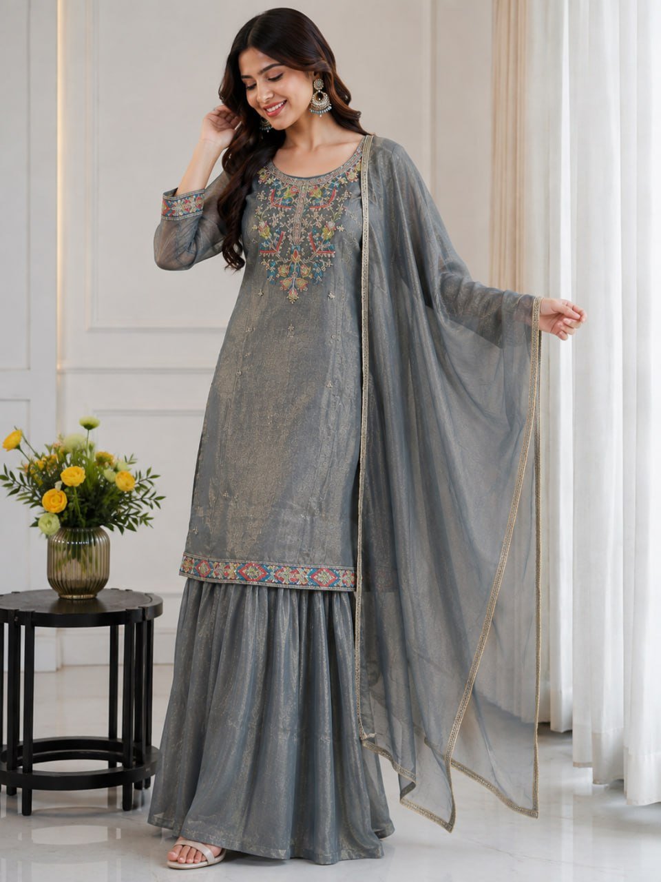 Artisanal Threadwork Embroidered Straight Kurta Sharara Set with Sheer Dupatta