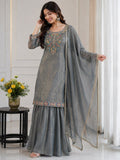 Artisanal Threadwork Embroidered Straight Kurta Sharara Set with Sheer Dupatta