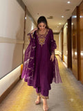 Embroidered Anarkali Suit Set With Matching Organza Dupatta