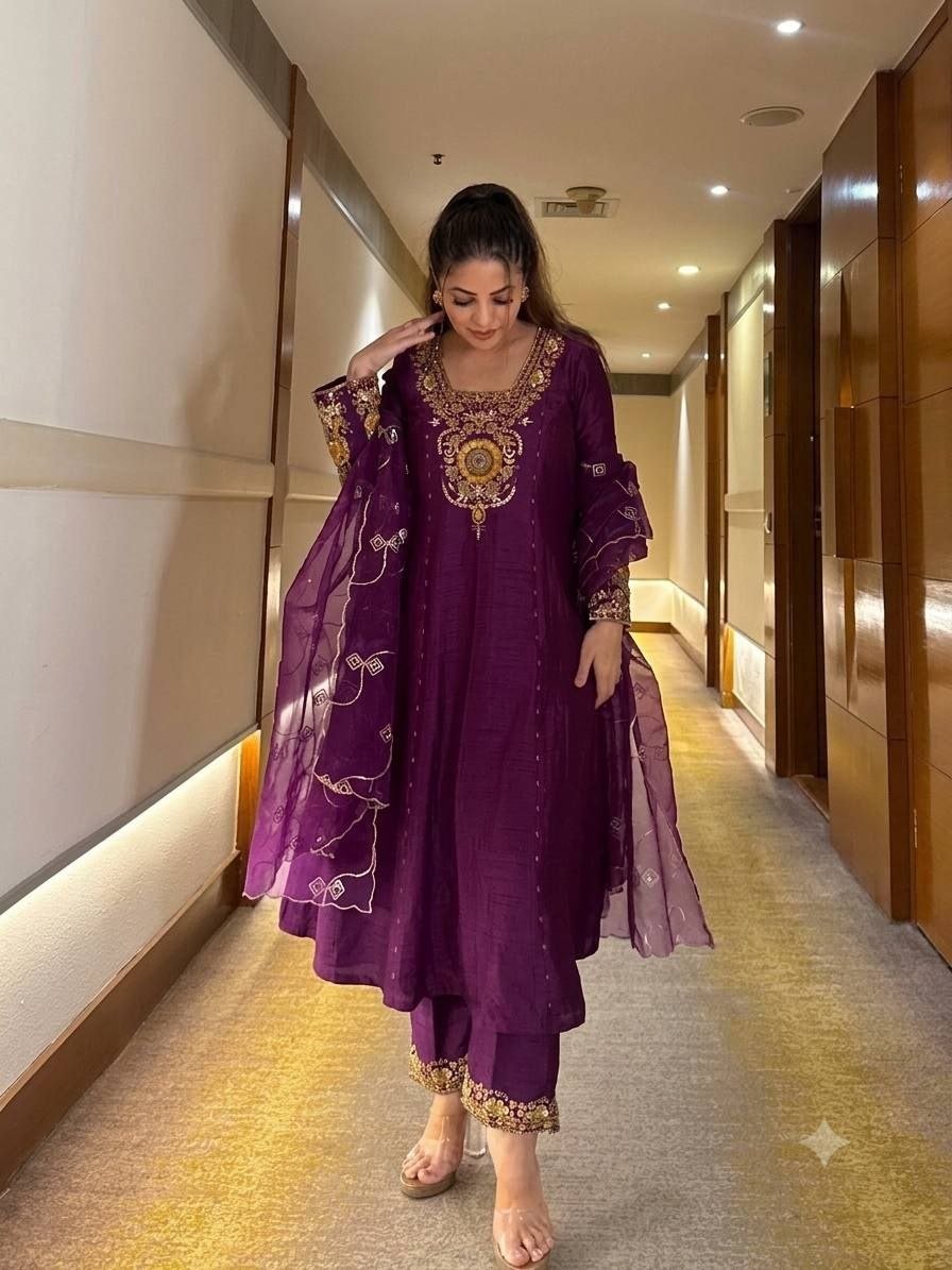 Embroidered Anarkali Suit Set With Matching Organza Dupatta